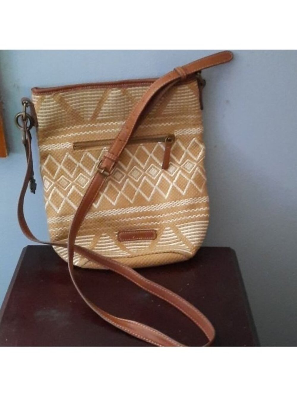 Lucky Brand Cassis Boho Tan and Brown Cotton Jute Bucket Crossbody Bag